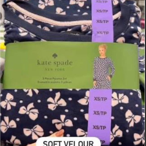 kate spade Other - Kate Spade Soft Velour Pajama Set - Navy and Pink bow design NWT pjs